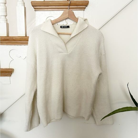BTFBM Ribbed Knit Sweater Pullover Collared Long Sleeve Ivory Size M Medium - Picture 1 of 5